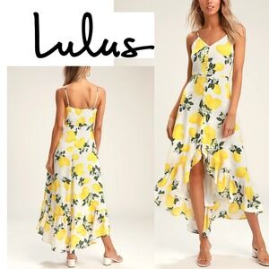 NWT, Lulus, Afternoon Air Yellow Lemon Print High-Low Ruffle Midi Dress Size M